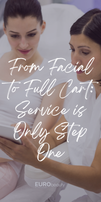 An esthetician is showing homecare treatment essentials for her client